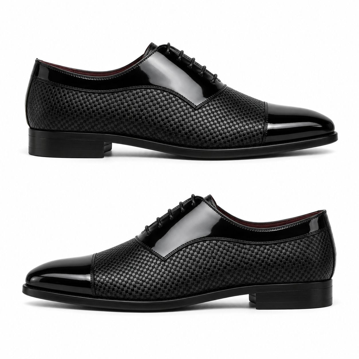 Zamri Black Oxford Dress Shoes – Diamond Textured with Patent Cap Toe