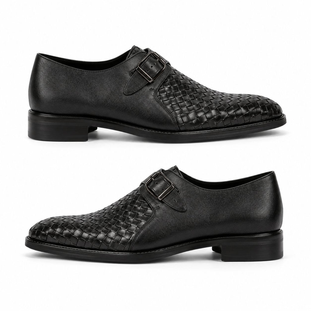 Zamri Black Monk Strap Shoes – Intrecciato Woven Leather