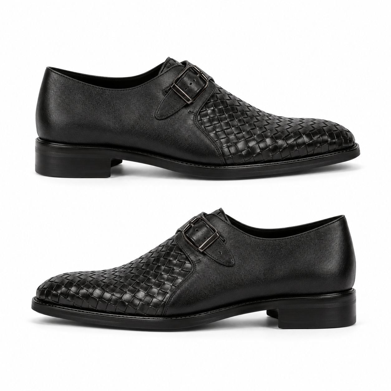 Zamri Black Monk Strap Shoes – Intrecciato Woven Leather