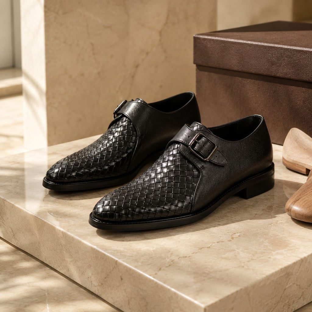 Zamri Black Monk Strap Shoes – Intrecciato Woven Leather