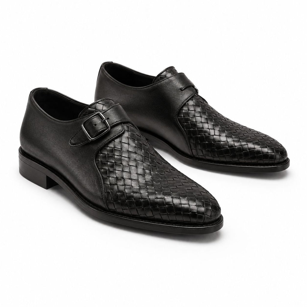 Zamri Black Monk Strap Shoes – Intrecciato Woven Leather