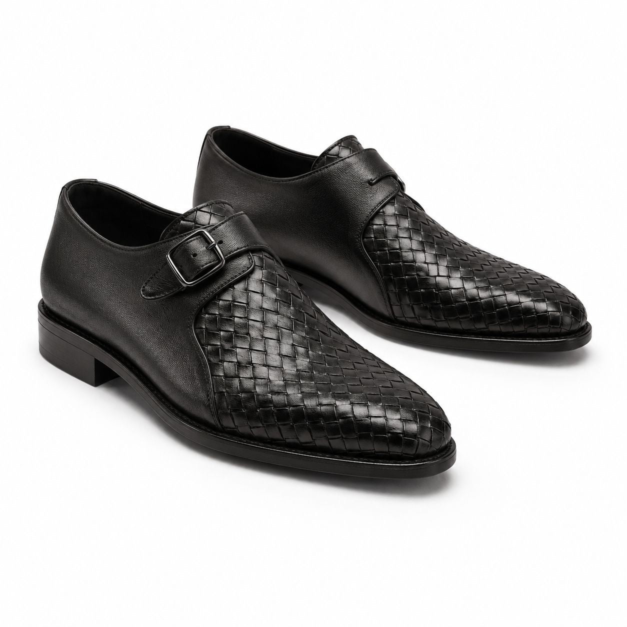 Zamri Black Monk Strap Shoes – Intrecciato Woven Leather