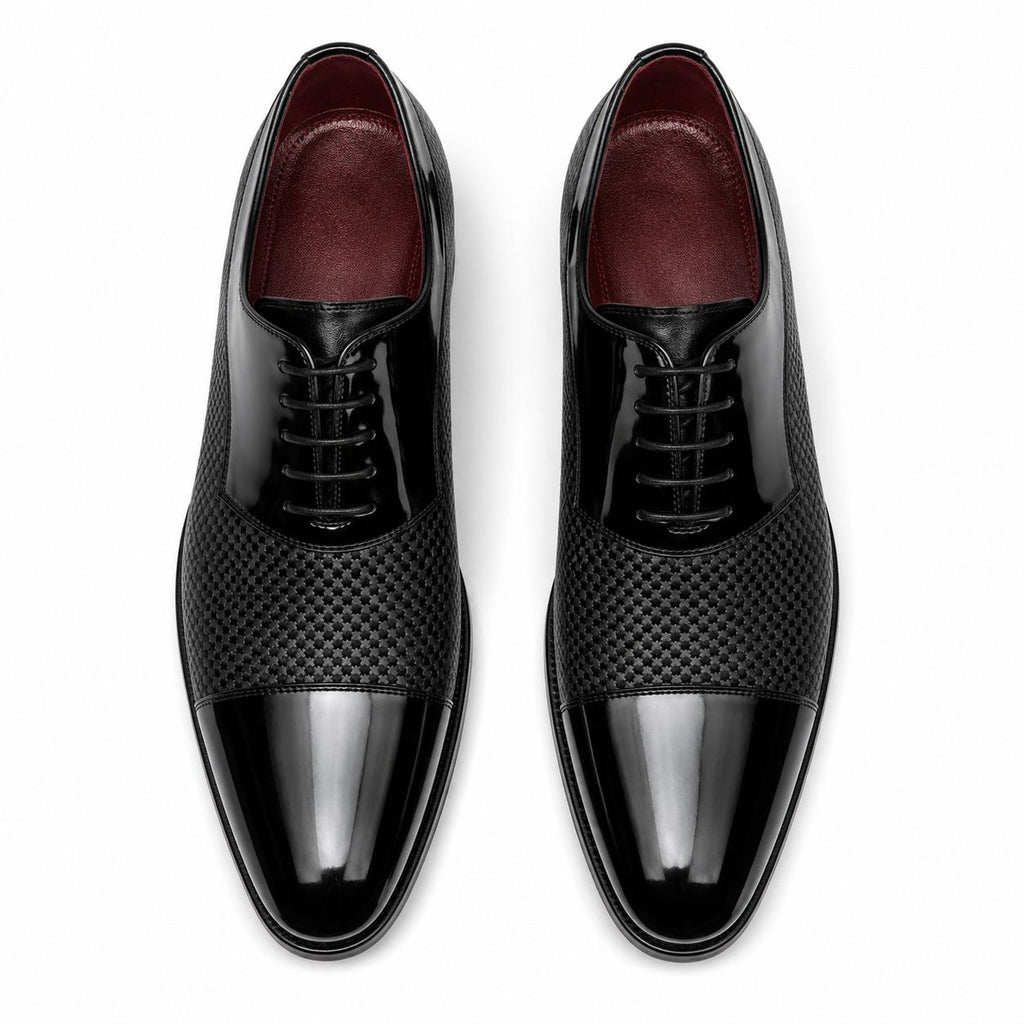 Zamri Black Oxford Dress Shoes – Diamond Textured with Patent Cap Toe