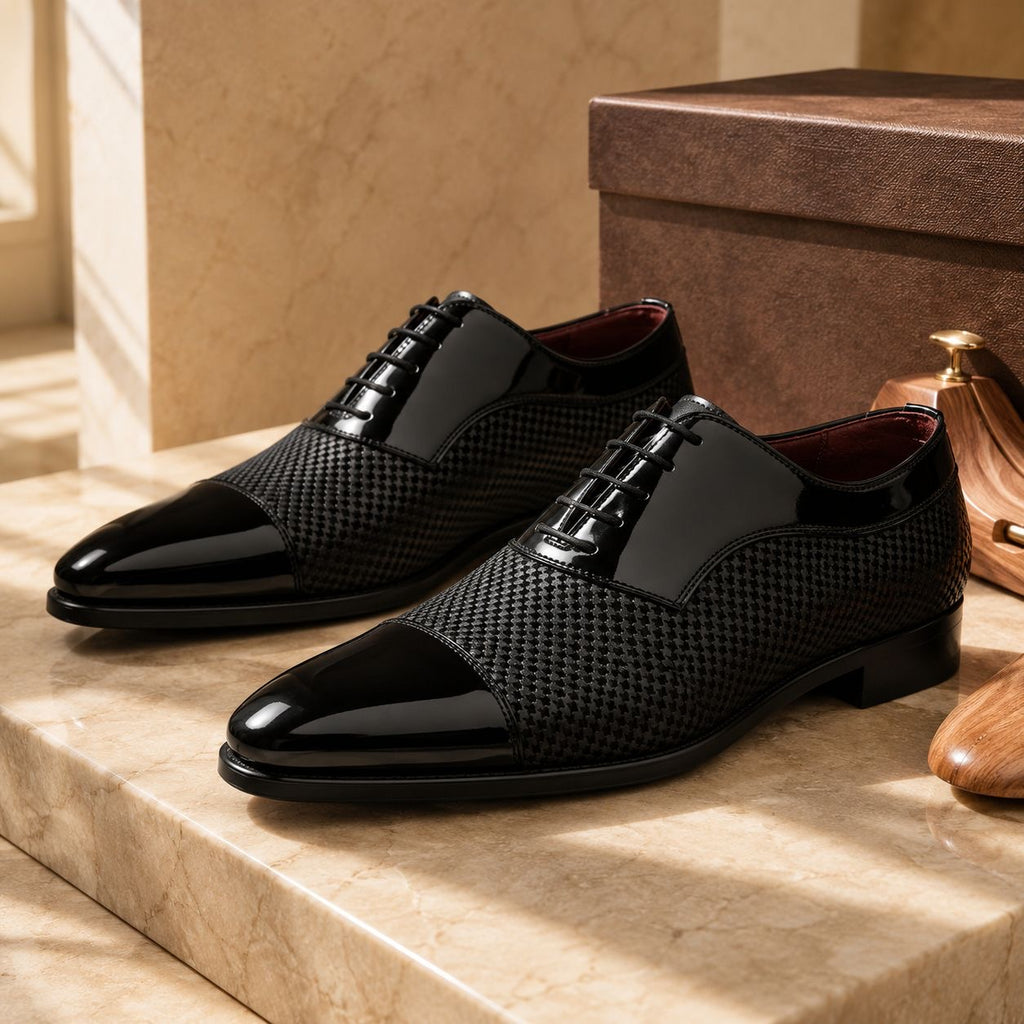 Zamri Black Oxford Dress Shoes – Diamond Textured with Patent Cap Toe