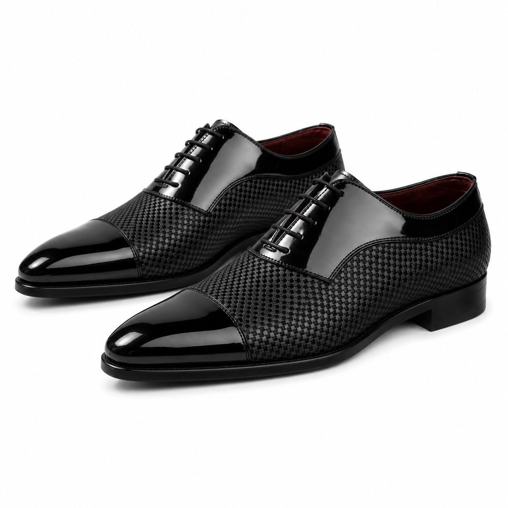 Zamri Black Oxford Dress Shoes – Diamond Textured with Patent Cap Toe