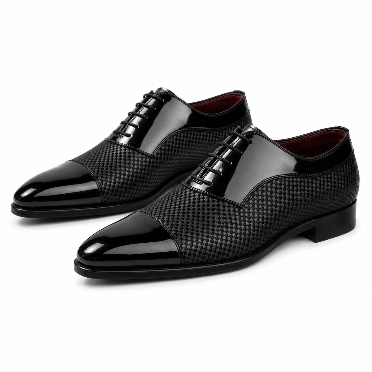 Zamri Black Oxford Dress Shoes – Diamond Textured with Patent Cap Toe