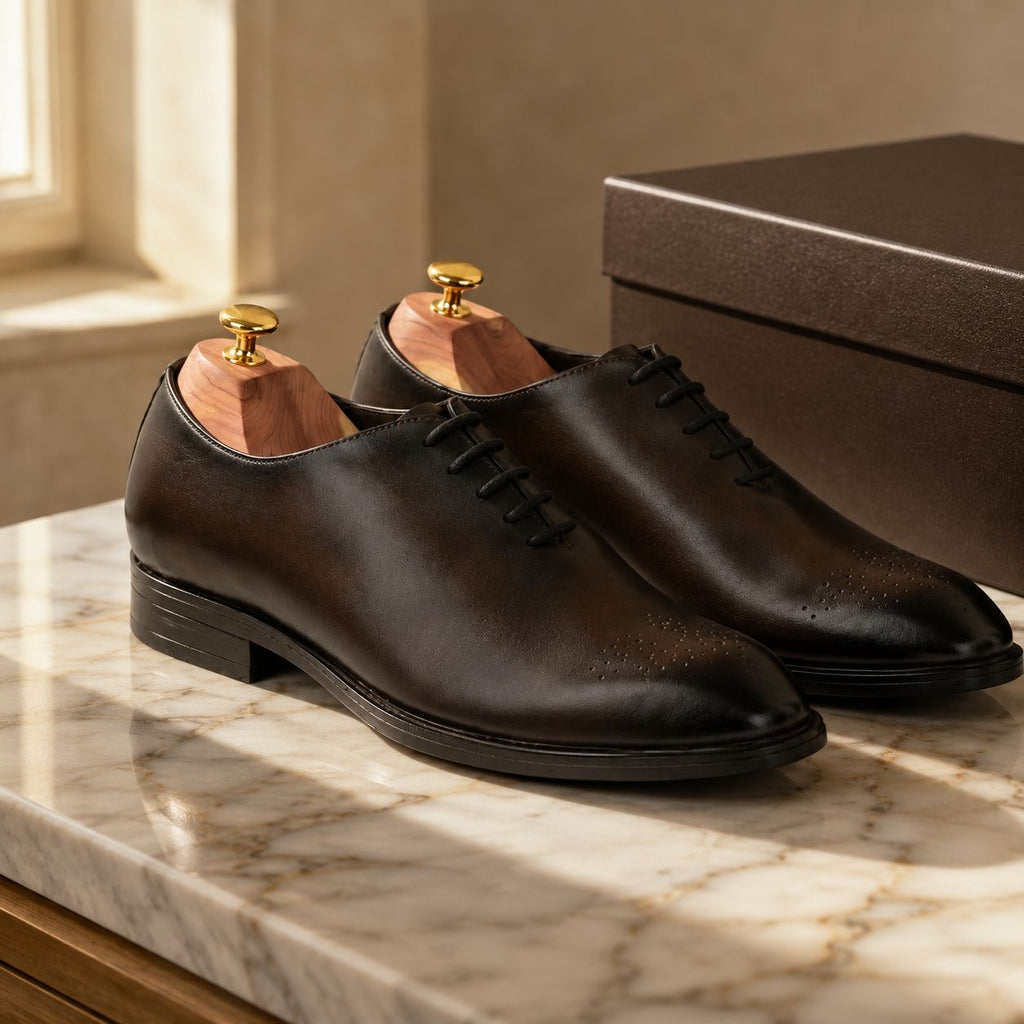 Zamri Dark Brown Wholecut Oxford – Burnished Leather with Medallion Toe