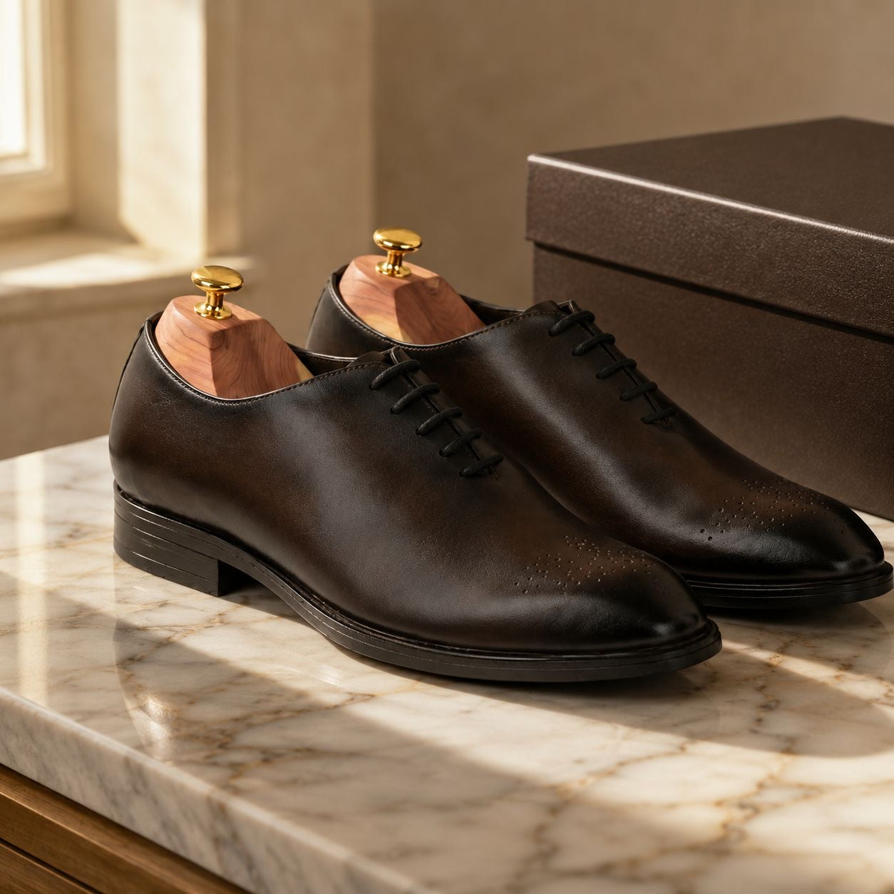 Zamri Dark Brown Wholecut Oxford – Burnished Leather with Medallion Toe