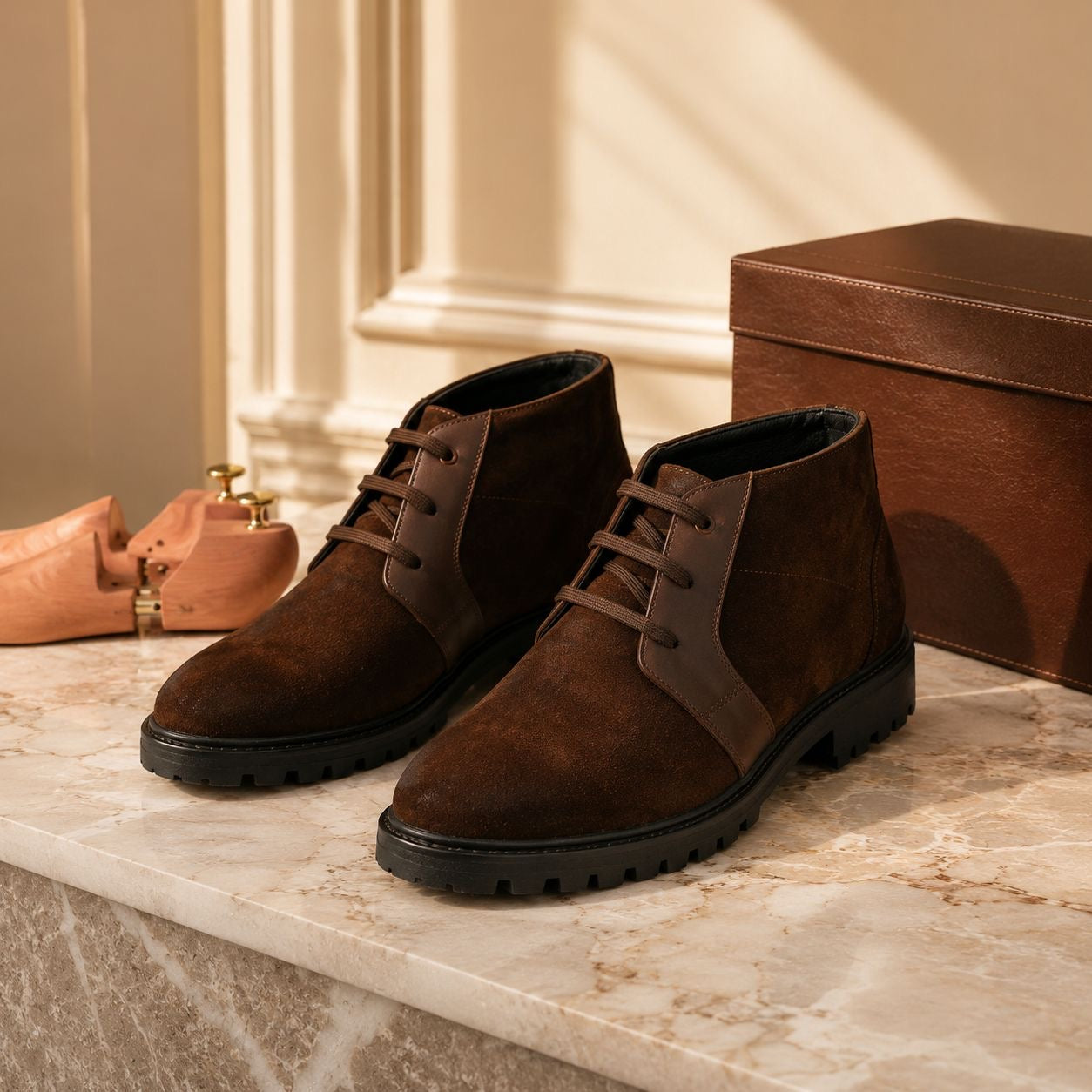 Zamri Brown Suede Chukka Boots – Lugged Sole with Leather Trim