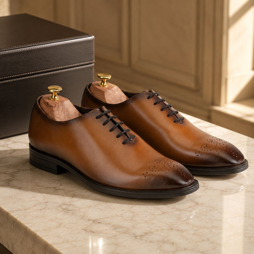 Zamri Tan Wholecut Oxford – Hand-Burnished Leather with Medallion Toe