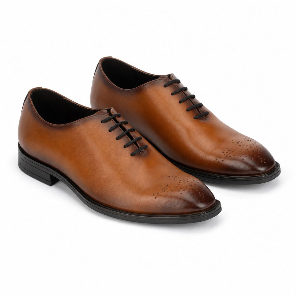 Zamri Tan Wholecut Oxford – Hand-Burnished Leather with Medallion Toe