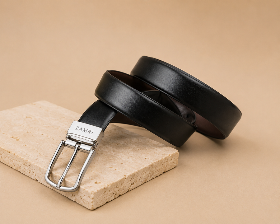 Casual Plain Leather Reversible Mens Belt - Black &Cognac