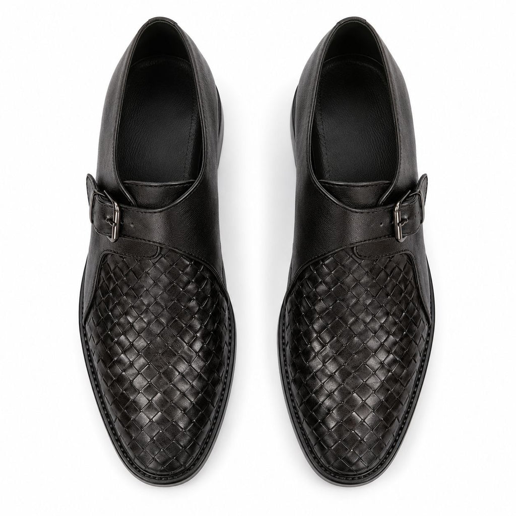 Zamri Black Monk Strap Shoes – Intrecciato Woven Leather