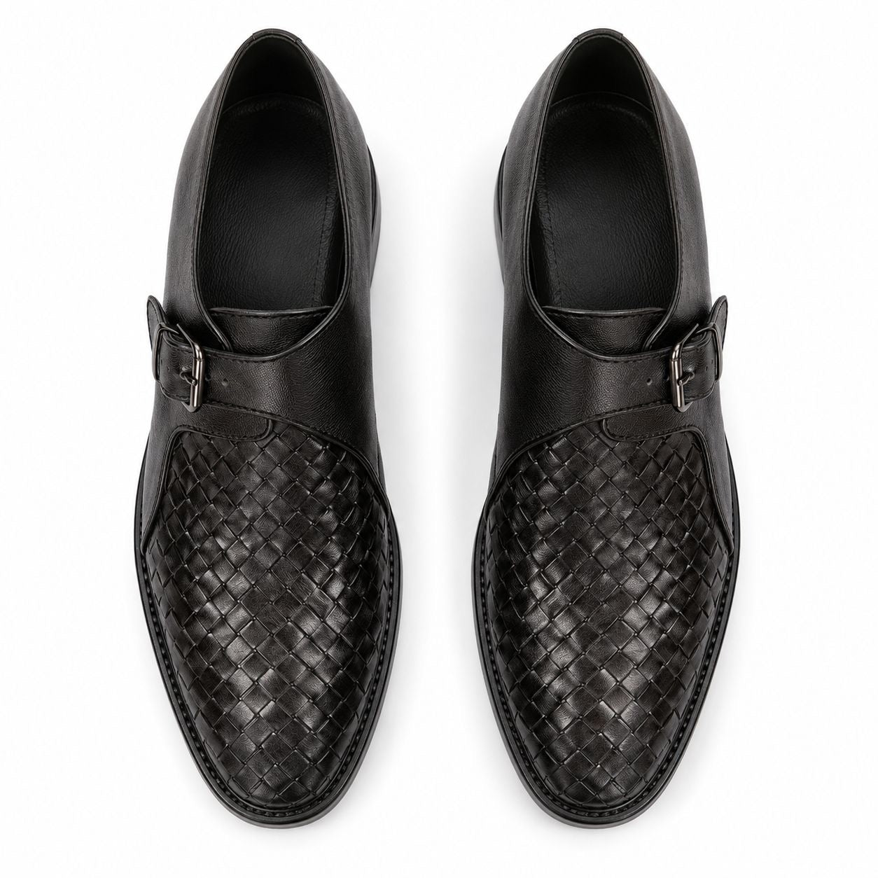 Zamri Black Monk Strap Shoes – Intrecciato Woven Leather